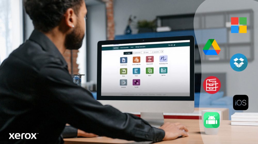 Xerox® Workflow Central Platform: brede platformcompatibiliteit Een persoon zit aan een bureau en kijkt naar een computerscherm met de interface van Xerox Workflow Central. Rechts illustreren pictogrammen voor Microsoft, Google Drive, Dropbox, een archiefkast, iOS en Android de brede compatibiliteit.