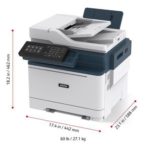 Xerox C315 Multifunktionsfarveprinter i trekvart visning med dimensioner.