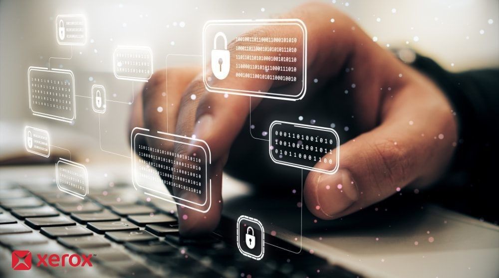 A person's hand is typing on a laptop keyboard, with glowing digital lock and binary code icons superimposed over the image, symbolizing robust cyber security and data protection.
